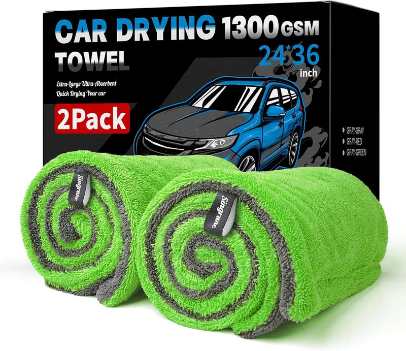 Singrune 2 Pack XL Car Drying Towel – 1300GSM Ultra Absorbent Microfiber, 24"x36" Large Size, Twisted Loop, Lint-Free & Streak-Free for Auto Detailing, Car, SUV, Truck (Gray-Green) - Image 1